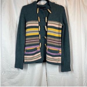 Marc Jacobs 100% lambs wool multi color striped hooded cardigan sweater